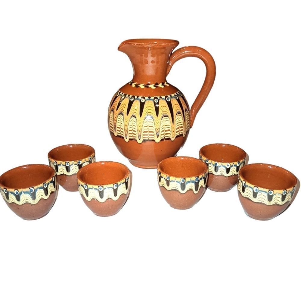 Bulgarian feather dripped glaze Redwear pitcher with 6 cups vintage
